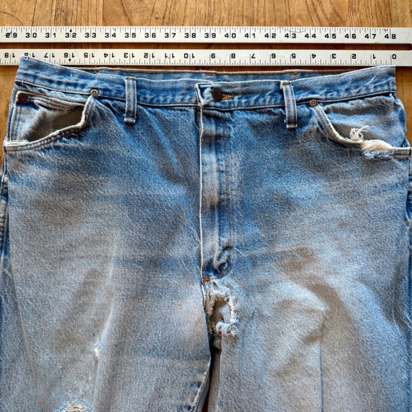 80s USA Vintage Wrangler Jeans Mens Distressed Holy Denim Blue‎ - Picture 6 of 7
